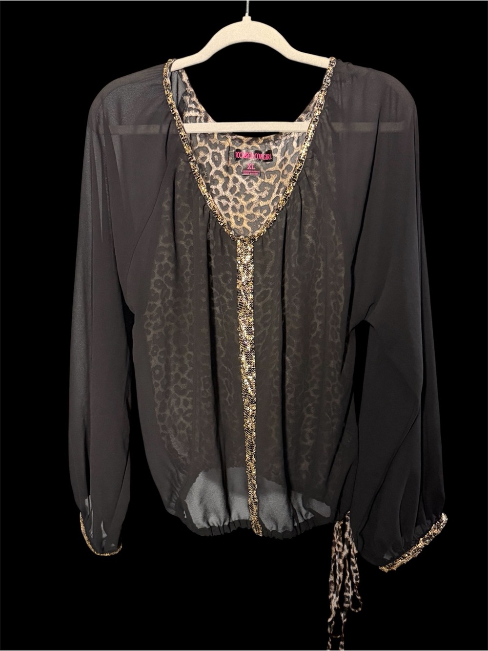 Rock & Roll Cowgirl Black Sheer Blouse with Leopard & Gold Trim